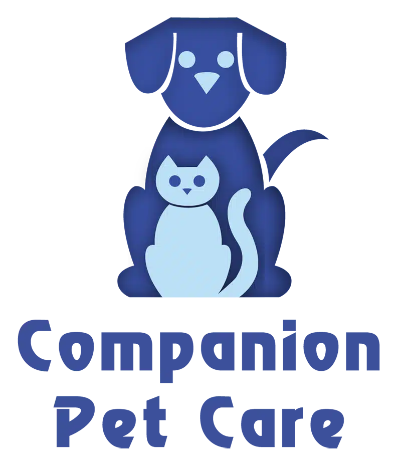 A simple blue graphic of a dog sitting behind a cat, both stylized with minimal facial features, on a gradient blue background with two horizontal blue bars beneath them—perfect for a veterinarian or vet clinic logo.