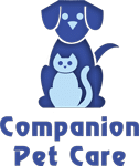 Logo for "Companion Pet Care" featuring a blue dog and light blue cat sitting together, symbolizing trusted veterinarian care, with the business name displayed below in blue text.