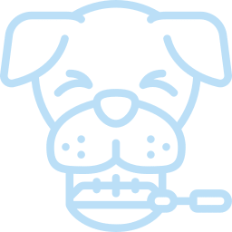 Light blue line drawing of a dog’s face with closed eyes and a content expression, holding a bone in its mouth—perfect for any vet or veterinarian setting.