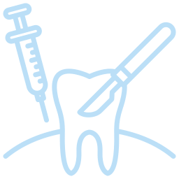 Light blue outline of a syringe, a tooth, and a scalpel on a white background, suggesting dental surgery or a veterinary dental procedure involving anesthesia.