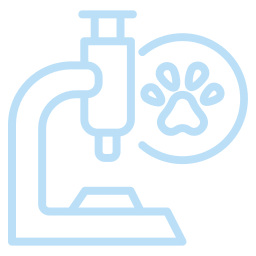 Light blue line drawing of a microscope next to a circle with a paw print, symbolizing veterinary science or veterinarian research.