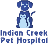 Logo for Indian Creek Pet Hospital featuring a stylized blue dog and light blue cat sitting together above the clinic name in bold blue letters, highlighting trusted veterinarian care.