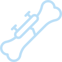 Light blue outline illustration of a broken bone with a surgical plate and screws bridging the fracture, symbolizing orthopedic repair or bone fracture treatment by a veterinarian.