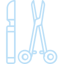Light blue line drawing of a scalpel and a pair of scissors, both upright, on a white background. The image represents surgical or medical instruments commonly used by a veterinarian or vet.