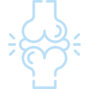 Simple light blue line drawing of a human knee joint with motion or pain lines around it, representing joint pain or arthritis, on a light gray background—ideal for vet or veterinarian health visuals.
