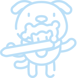 Light blue outline drawing of a smiling dog holding a bone in its mouth, with a paw raised as if waving. The simple, cartoon-like style makes it perfect for vet or veterinarian themes.