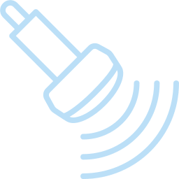 Light blue outline icon of a veterinarian ultrasound probe emitting sound waves, depicted by three curved lines, on a light gray background.