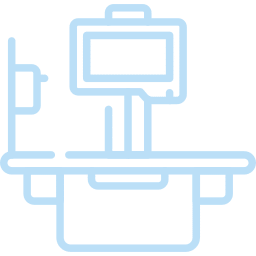 Light blue line drawing of a medical imaging machine, likely an X-ray or MRI scanner used by a veterinarian, positioned over a patient table, depicted on a light background.