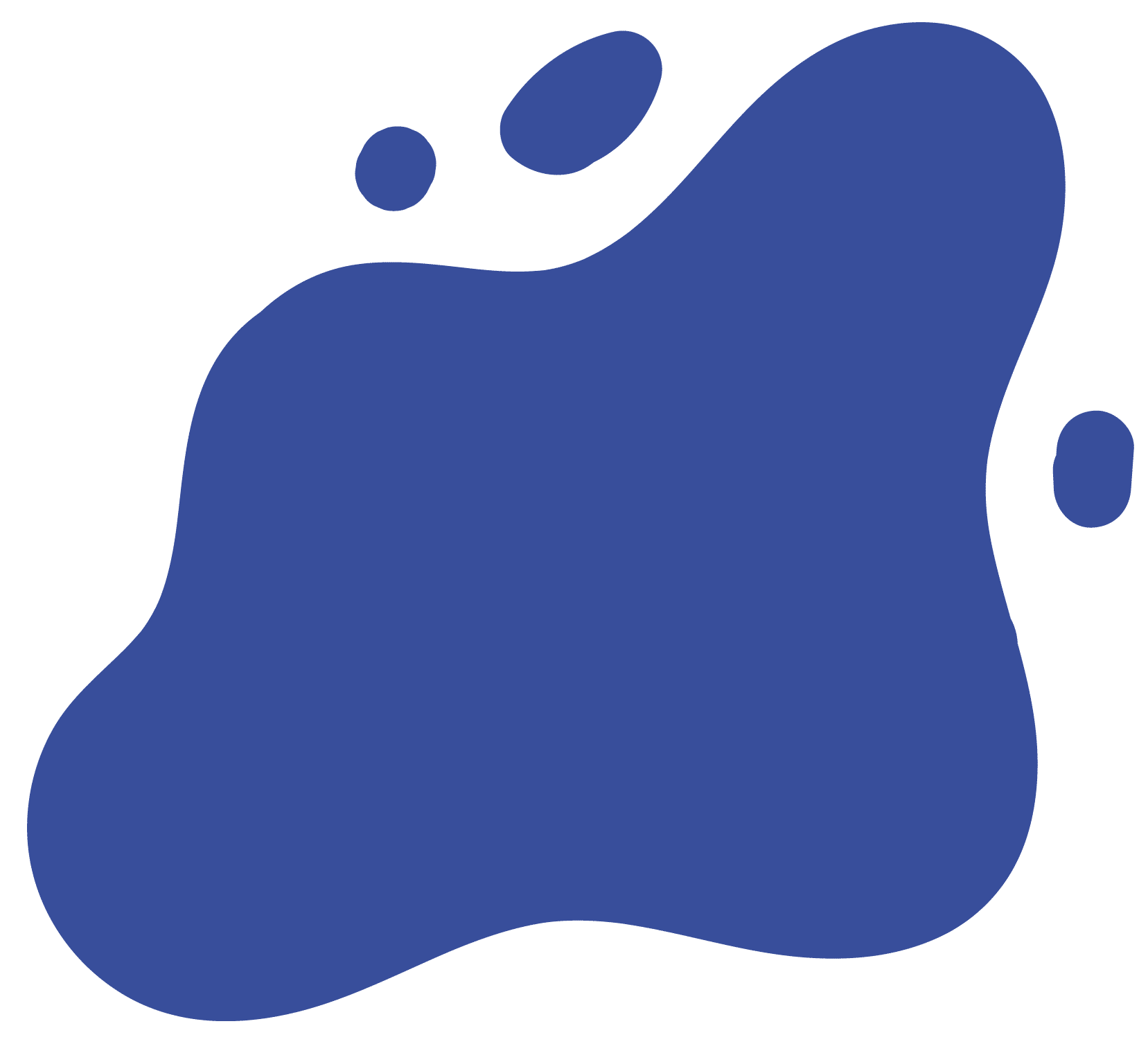A large, irregular blue shape with three smaller blue blobs above and to the right, resembling a vet’s paint splatter logo on a white background.