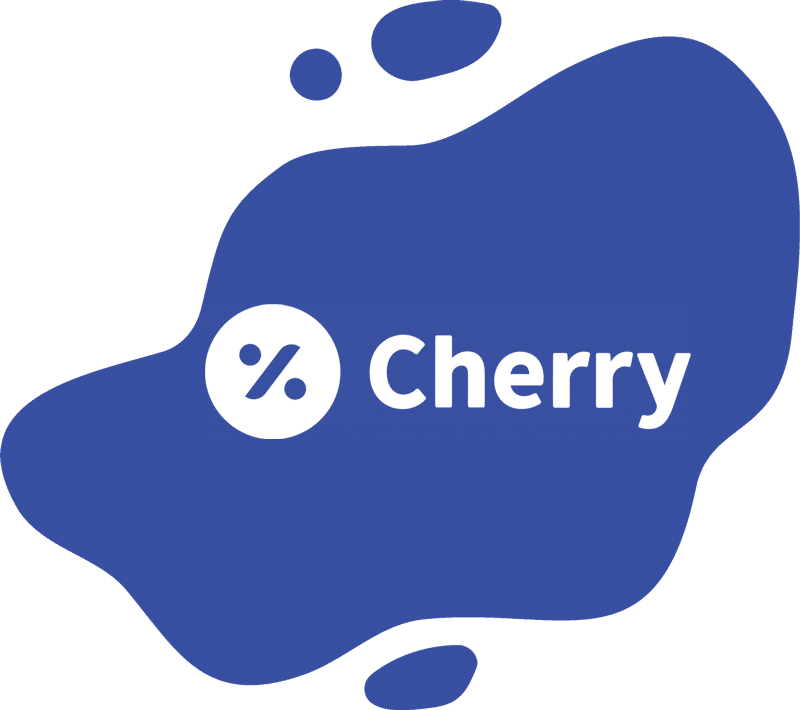 Blue abstract shape with a white circle containing a percent symbol, next to the word "Cherry" in bold white letters—a fresh design perfect for vet or veterinarian branding.