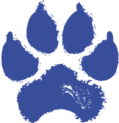A blue, textured paw print with four toes and a rounded pad, set against a white background. The rough edges give it a painted or stamped look—perfect for any veterinarian office or vet-themed design.